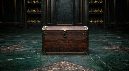 Antique wooden treasure chest on marble floorの素材