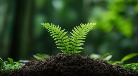 Fern plant growing in soilの素材