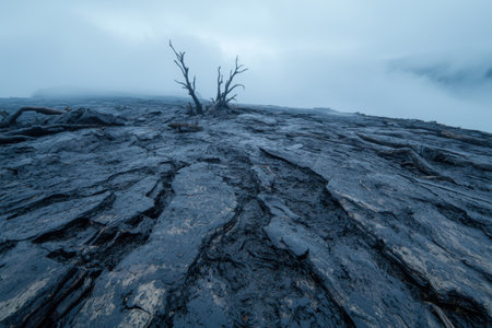 Desolate landscape with dead tree on rocky terrainの素材
