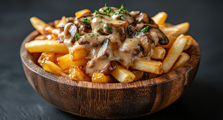 Delicious mushroom gravy fries in a wooden bowlの素材