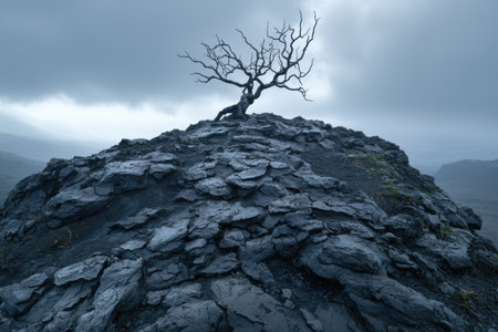 Lone tree on rocky mountain peak in moody weatherの素材