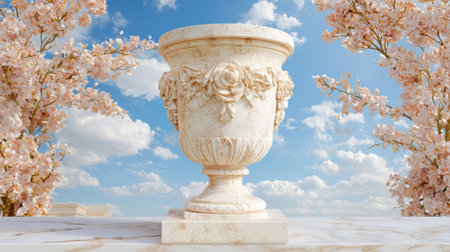 Ornate marble vase with carved floral design surrounded by blooming cherry blossomsの素材