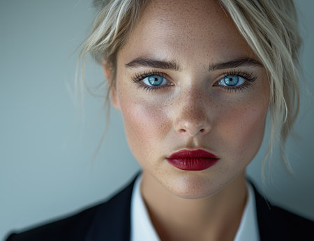 Intense gaze of a woman with striking blue eyesの素材