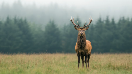 majestic deer standing in a misty forest fieldの素材