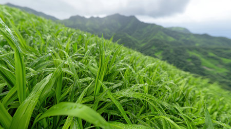 lush green mountain landscape with tall grassの素材