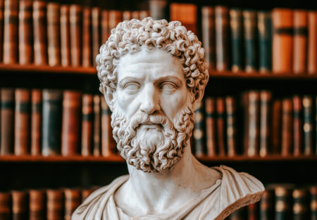 Marble bust of a bearded man in a libraryの素材