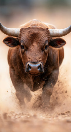 Powerful Bull with Horns Charging Through Dustの素材