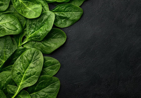 fresh green spinach leaves on dark backgroundの素材