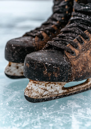 Weathered hiking boots on icy surfaceの素材