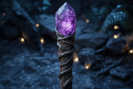 Glowing amethyst crystal on dark backgroundの素材