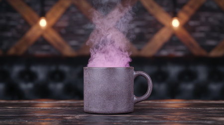 Steaming hot cup of coffee on wooden tableの素材