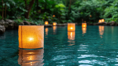 Glowing lanterns floating on a serene pool at nightの素材