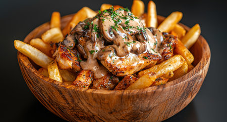 Delicious grilled chicken with creamy mushroom sauce and french friesの素材