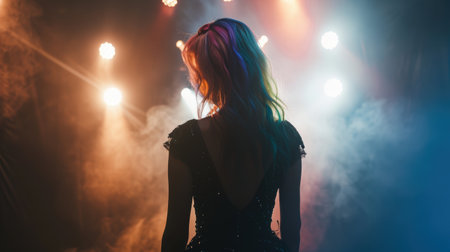 colorful hair woman on stage with smoke and lightsの素材