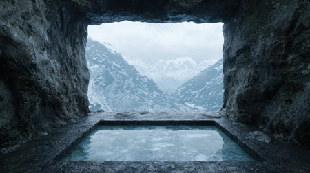 Serene mountain pool in snowy caveの素材