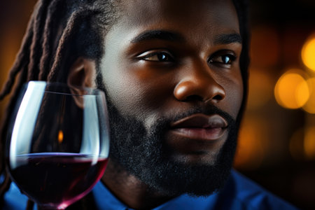 close-up portrait of a thoughtful man with a beard holding a glass of red wineの素材
