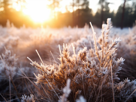 Frosty winter landscape with glowing sunの素材