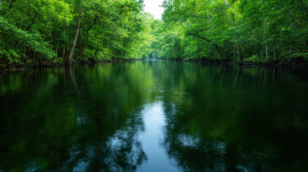 Serene forest lake with lush green treesの素材
