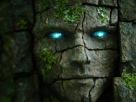 Mysterious stone face with glowing eyes in the forestの素材