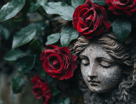 Serene statue surrounded by vibrant red rosesの素材