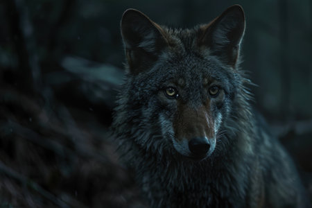 Intense gaze of a majestic black wolf in the dark forestの素材