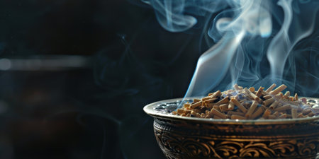 Smoldering incense sticks in ornate bowlの素材