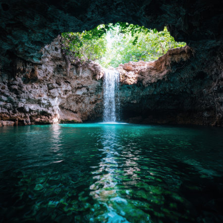 serene waterfall in lush green caveの素材