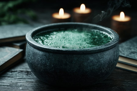 relaxing spa bath with green water and candlesの素材