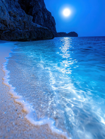 Serene beach with crystal clear waters and dramatic cliffsの素材