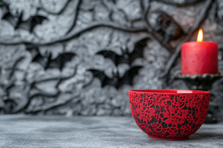Cozy Halloween atmosphere with red candle and batsの素材