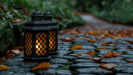 Glowing lanterns in autumn forestの素材