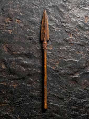 Primitive wooden spear on dark slate backgroundの素材