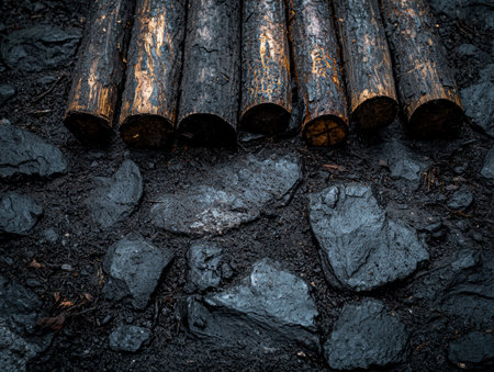 Charred logs on rocky groundの素材
