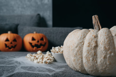 Spooky Halloween pumpkins and popcornの素材