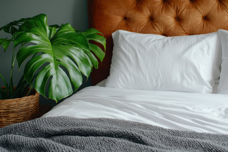 cozy bedroom with monstera plant and white beddingの素材