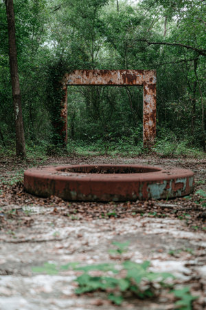Rusty metal frame in lush forestの素材