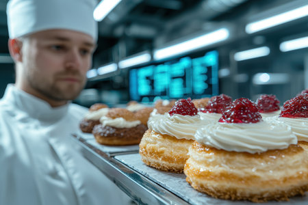 Chef presenting delicious pastries in a commercial kitchenの素材
