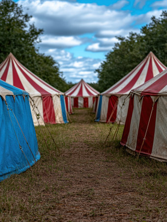 Colorful circus tents in a wooded fieldの素材