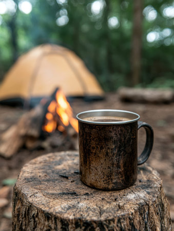 Cozy camping scene with warm drinkの素材