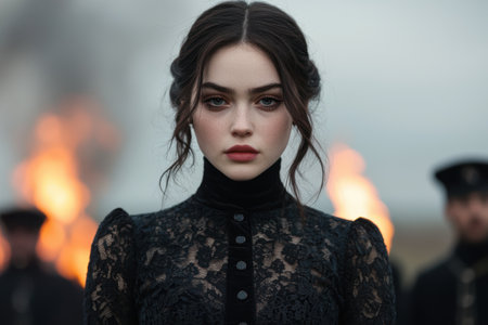 Mysterious woman in dark lace dressの素材