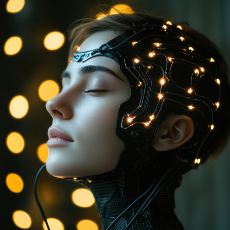 woman with futuristic headset and glowing lightsの素材