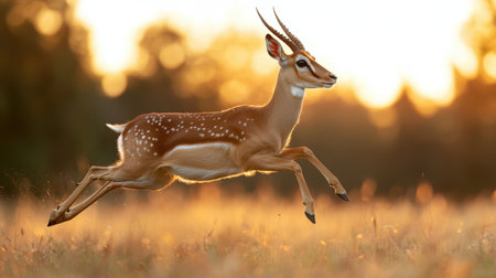 Graceful gazelle leaping through golden field at sunsetの素材