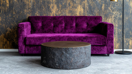 Luxurious purple velvet sofa and stone coffee table in modern interiorの素材