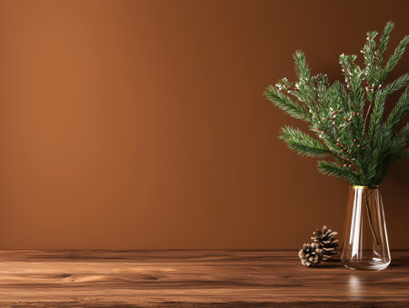 christmas pine branches in glass vase on wooden tableの素材