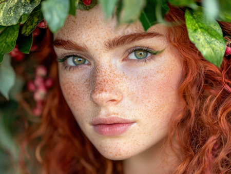 Vibrant redhead with freckles and green eyesの素材
