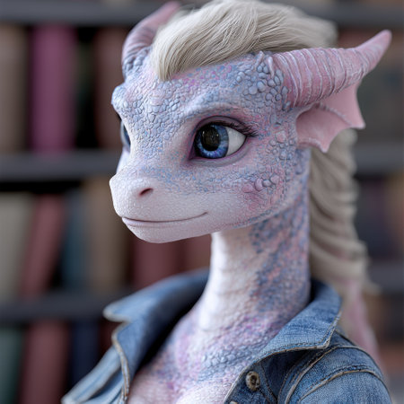 Closeup of a fantasy dragon creature with blue eyes and textured scalesの素材