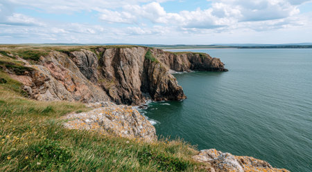 Dramatic coastal cliffs overlooking a serene oceanの素材
