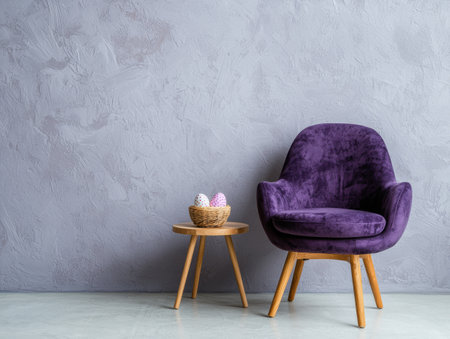 cozy purple armchair and wooden side table with easter eggsの素材