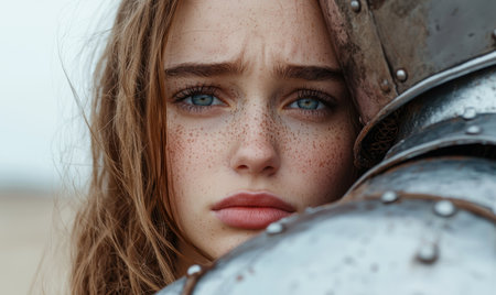 Thoughtful young woman with freckles and blue eyesの素材