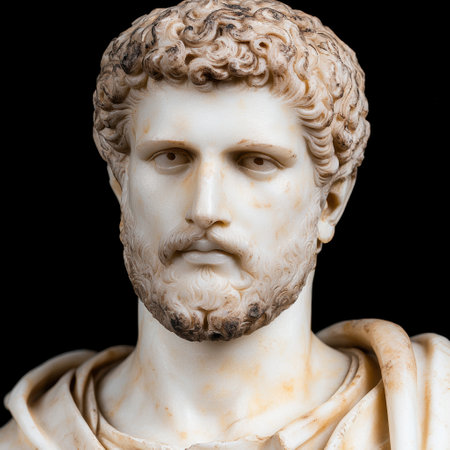 Marble bust of a man with curly hair and beardの素材